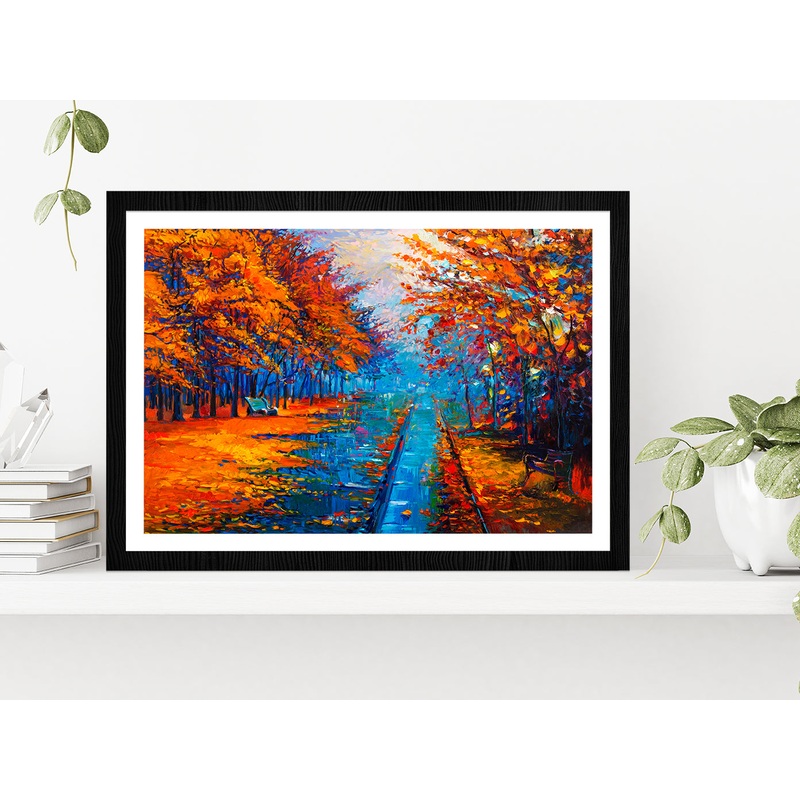 Autumn Landscape With Forest Road Glass Framed Wall Art, Ready to Hang Quality Print