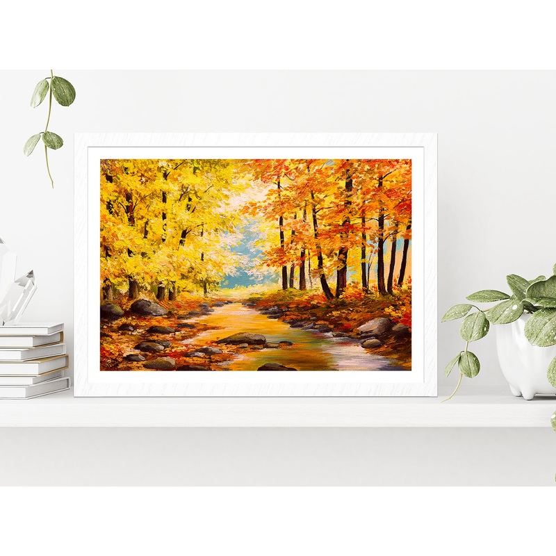 Autumn Trees In Forest With River Glass Framed Wall Art, Ready to Hang Quality Print