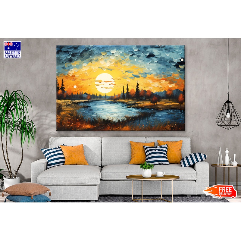 Autumn Trees Landscape & Lake with Sunset Sky Painting Wall Art Limited Edition High Quality Print