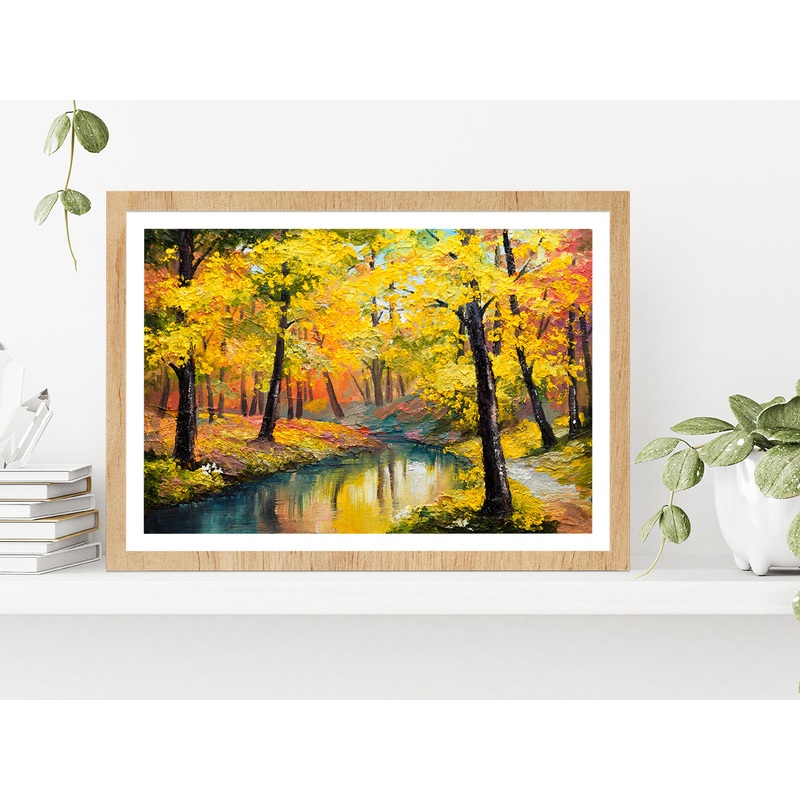 Autumn Trees With Lake In Forest Oil Painting Glass Framed Wall Art, Ready to Hang Quality Print
