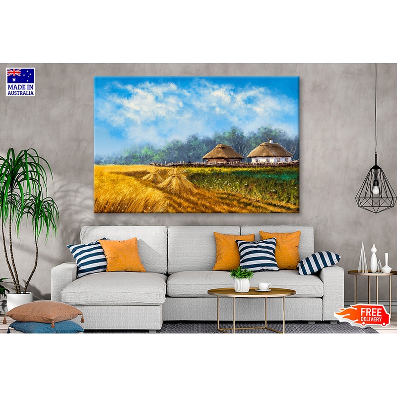 Bales in the Field Houses & Blue Sky Oil Painting Wall Art Limited Edition High Quality Print
