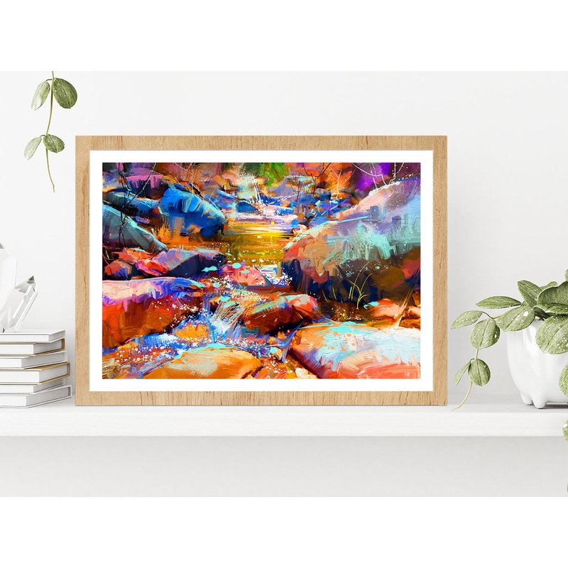Beautiful Waterfall With Colorful Stones In Autumn Forest Glass Framed Wall Art, Ready to Hang Quality Print