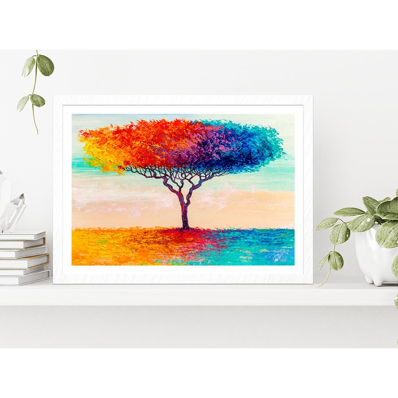 Blue, Red, Yellow Abstract Colorful Tree Glass Framed Wall Art, Ready to Hang Quality Print