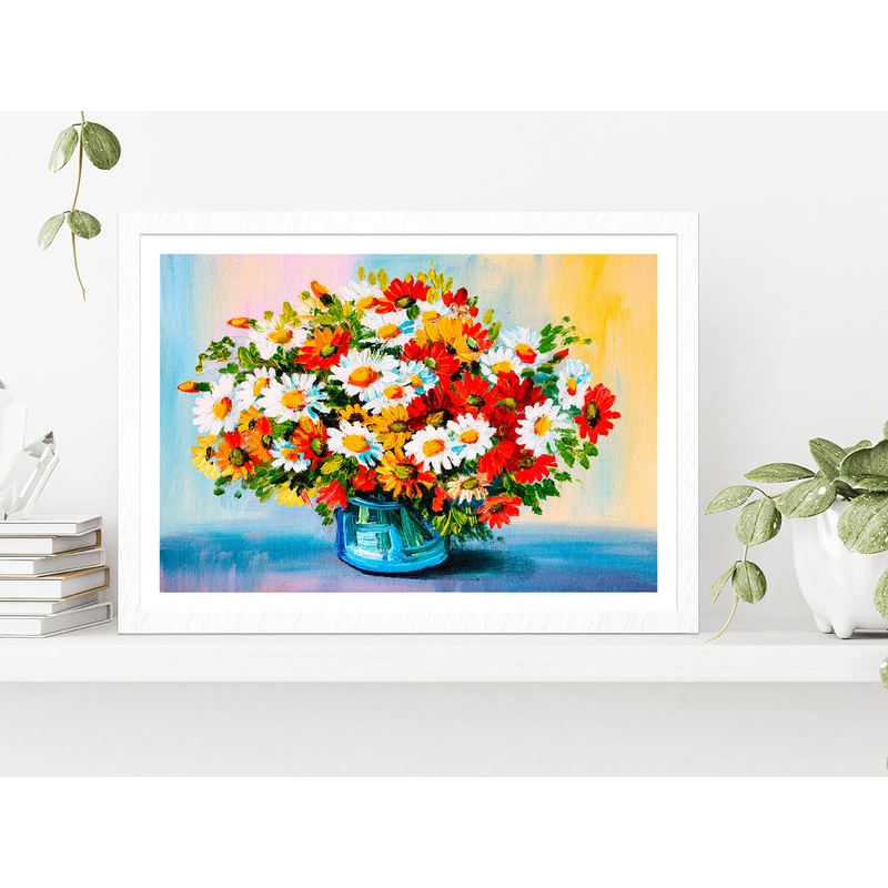 Bouquet Of Flowers Oil Painting Glass Framed Wall Art, Ready to Hang Quality Print