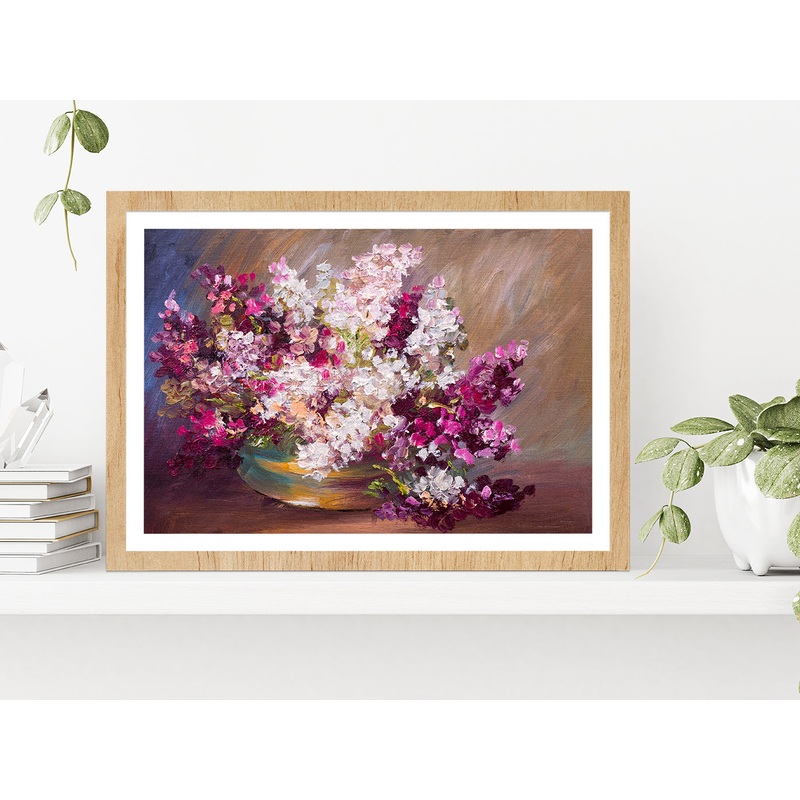 Bouquet Of Lilac Flower Vase, Colorful Still Life Glass Framed Wall Art, Ready to Hang Quality Print