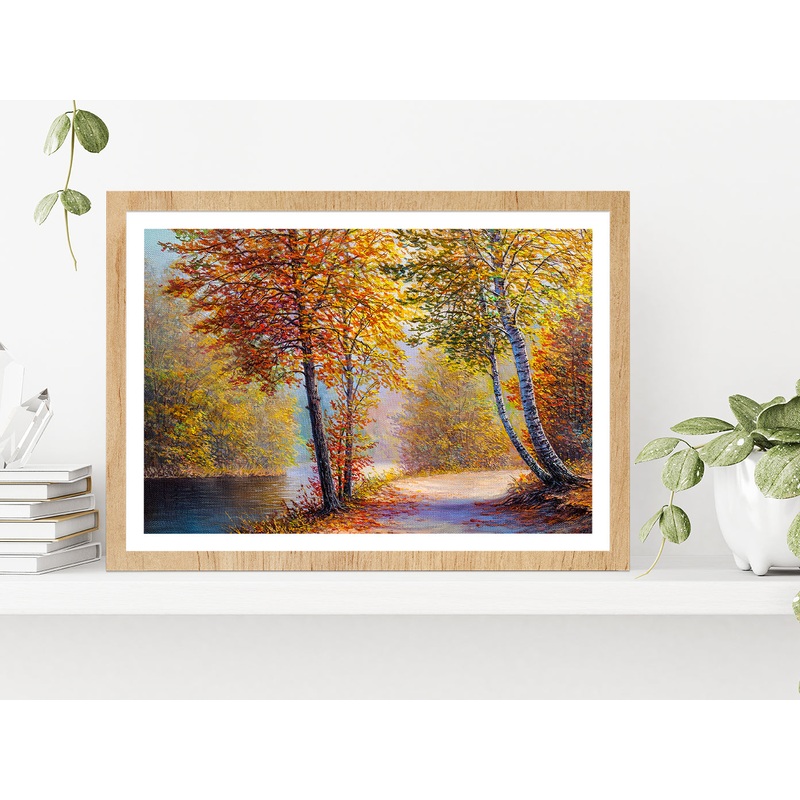 Bright Red Leaves Trees In Autumn Forest & River Glass Framed Wall Art, Ready to Hang Quality Print