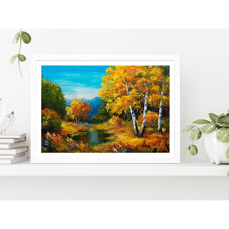 The River In Autumn Forest & Sunset Painting Glass Framed Wall Art, Ready to Hang Quality Print
