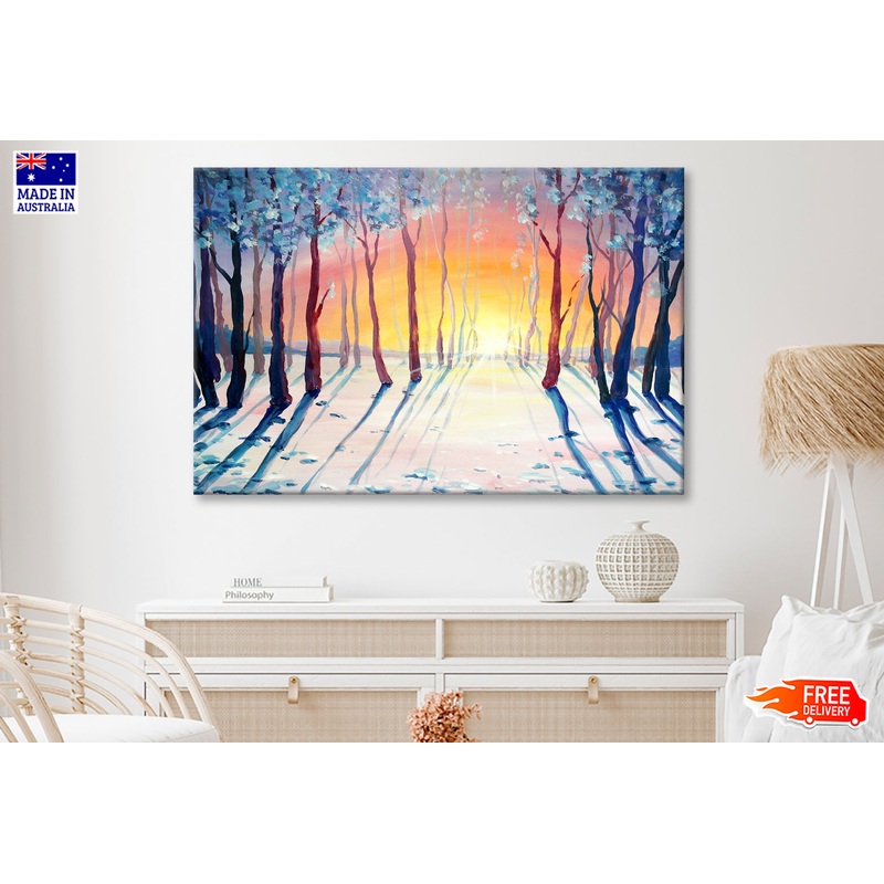 Trees on Snow Field Sunset Sky Oil Painting Wall Art Limited Edition High Quality Print
