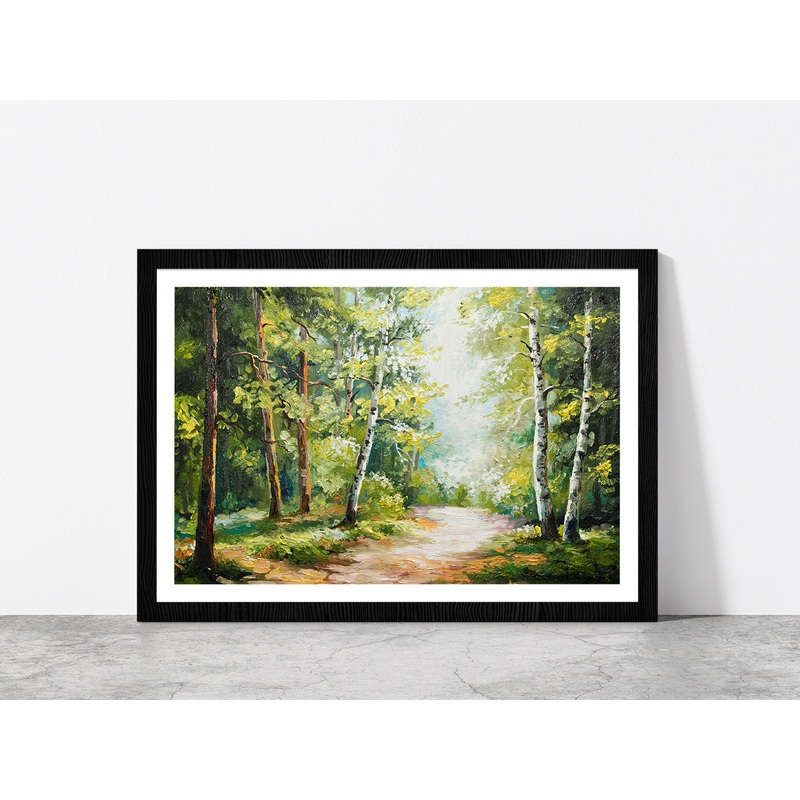 Trees On Summer Forest & Forest Road Glass Framed Wall Art, Ready to Hang Quality Print