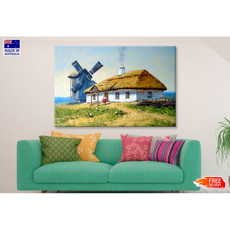 Ukrainian House, Windmill Oil Painting Wall Art Limited Edition High Quality Print