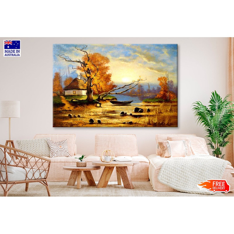 Village House & Dead Tree near River Oil Painting Wall Art Limited Edition High Quality Print