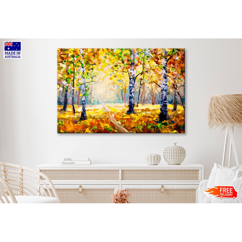 White Birch Trees In Autumn Forest Oil Painting Wall Art Limited Edition High Quality Print