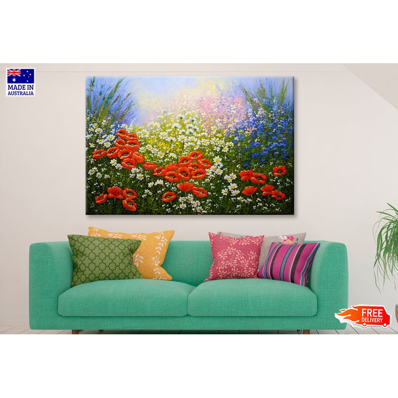 White Flowers & Red Poppies Field Oil Painting Wall Art Limited Edition High Quality Print
