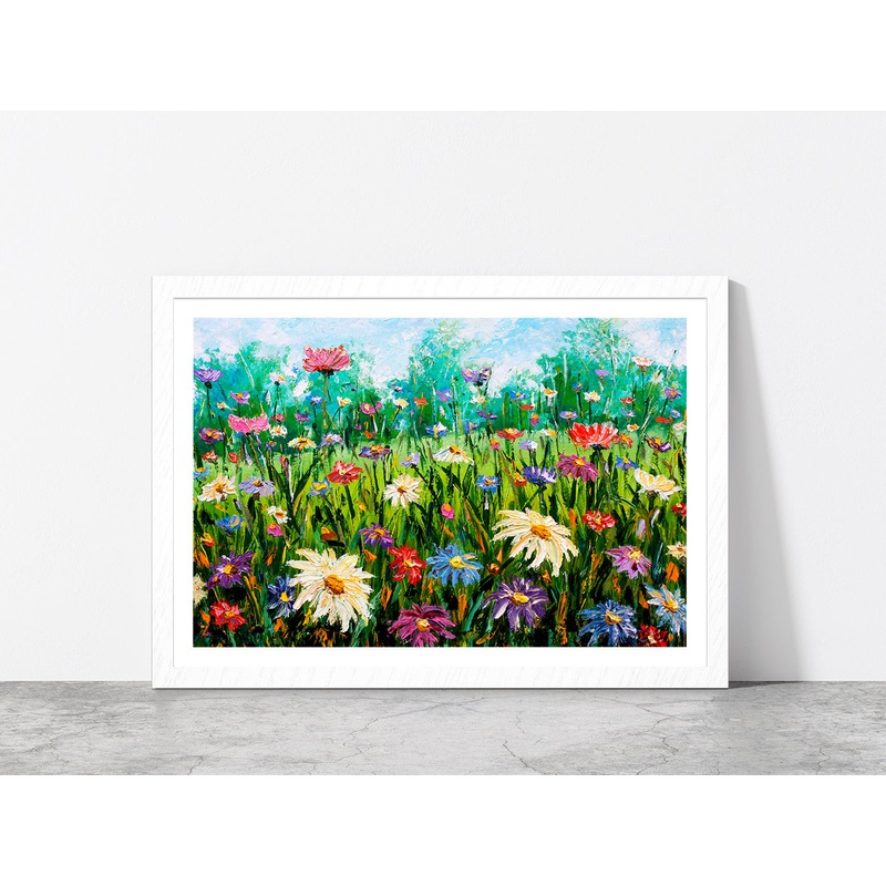 Wildflowers On Meadow Oil Painting Glass Framed Wall Art, Ready to Hang Quality Print
