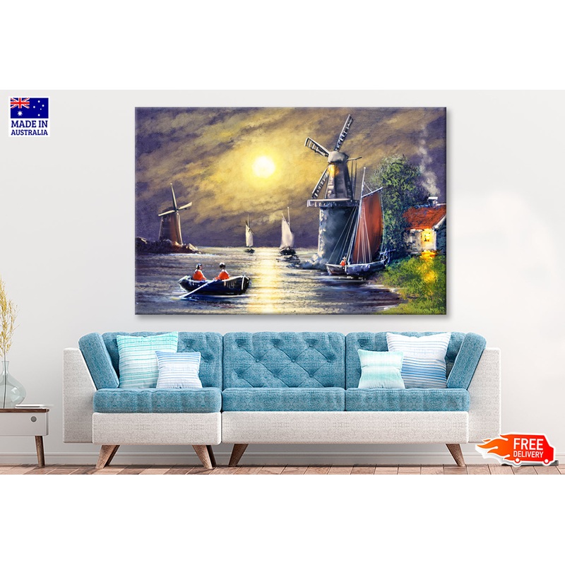 Windmill near Lake & Boats Night Sky Oil Painting Wall Art Limited Edition High Quality Print