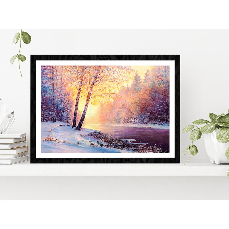 Winter Forest & A River Covered In Snow At Sunset Glass Framed Wall Art, Ready to Hang Quality Print