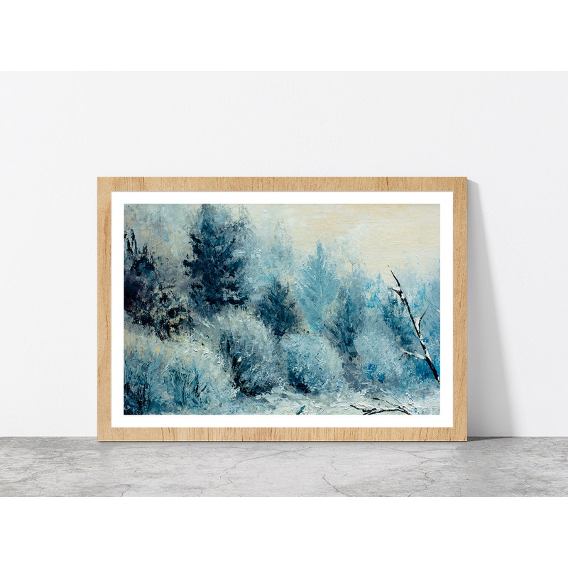 Winter Forest With Winter White Trees, Bushes In The Snow Glass Framed Wall Art, Ready to Hang Quality Print