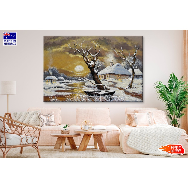 Winter House in the Village & River Night Sky Wall Art Limited Edition High Quality Print