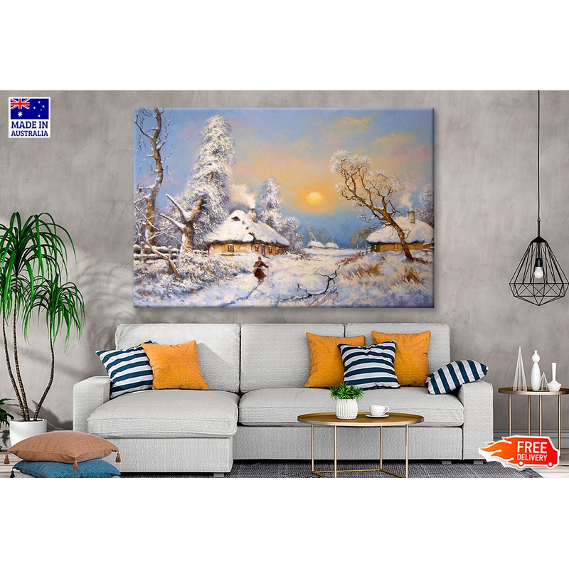 Winter in Village & Trees Sunset Sky Oil Painting Wall Art Limited Edition High Quality Print