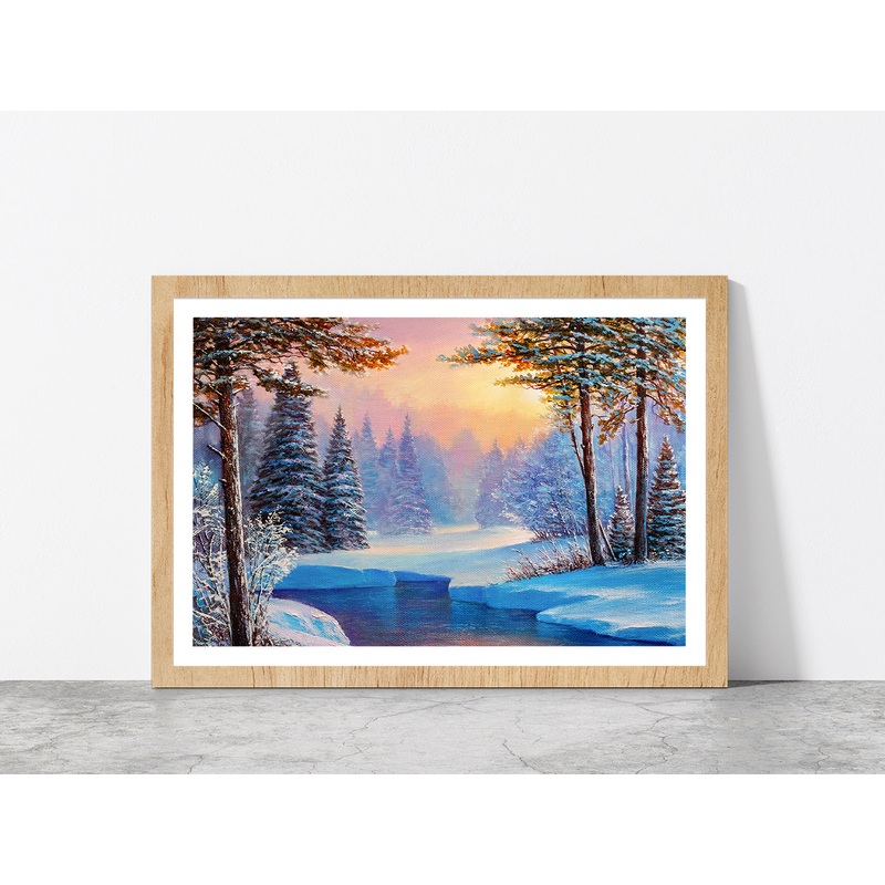 Winter Landscape With The River  Glass Framed Wall Art, Ready to Hang Quality Print