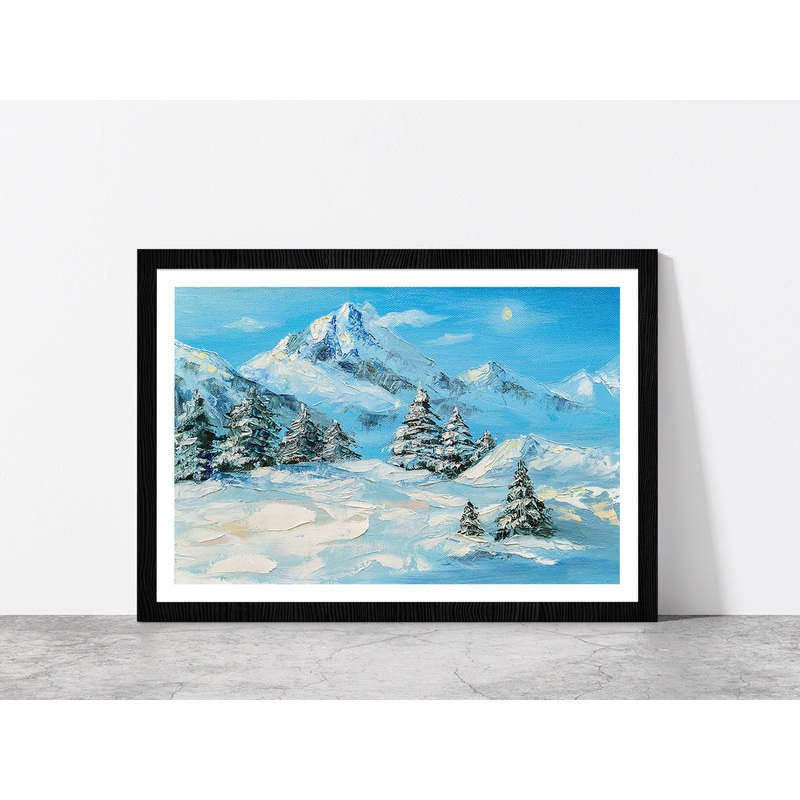 Winter Mountain Landscape & Snow Covered Trees Glass Framed Wall Art, Ready to Hang Quality Print