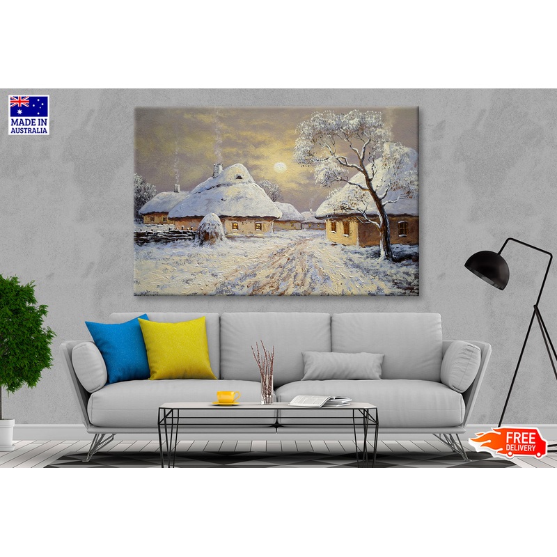 Winter Village Houses & Night Moon Sky Painting Wall Art Limited Edition High Quality Print