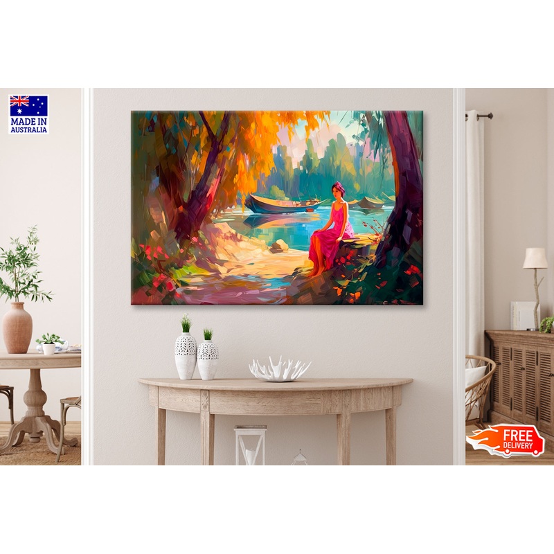 Woman Sitting On River Shore Oil Painting Wall Art Limited Edition High Quality Print