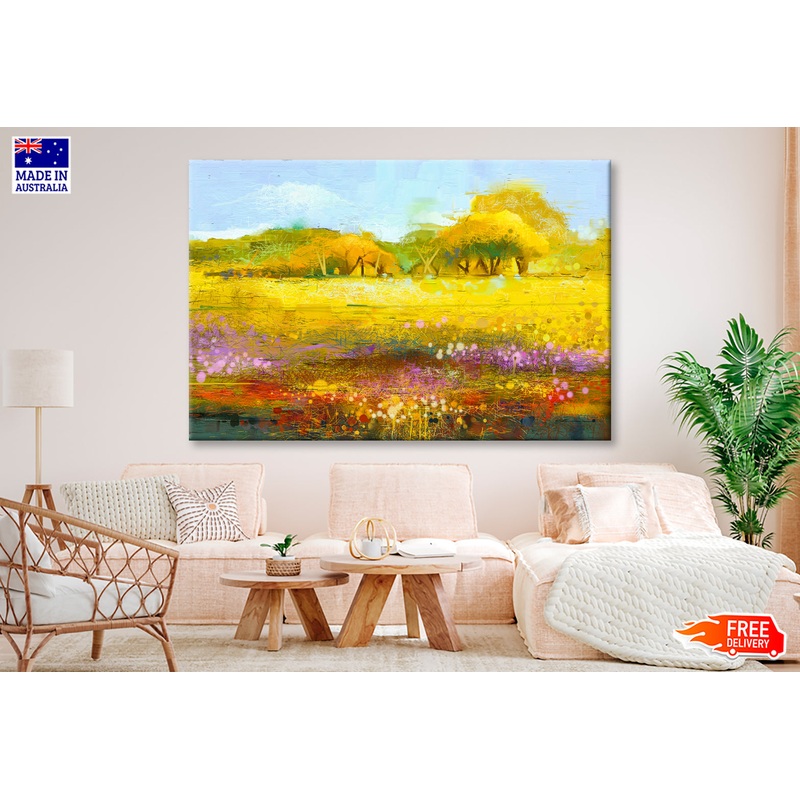Yellow & Red Wildflowers With Blue Sky Oil Painting Wall Art Limited Edition High Quality Print