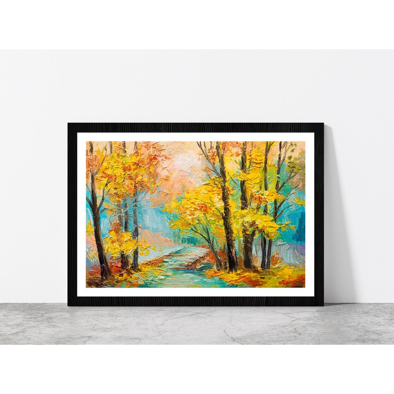 Yellow Trees With Autumn Forest Glass Framed Wall Art, Ready to Hang Quality Print