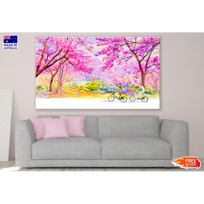 Cherry Tree Road Side Riding Bicycles Painting Print 100% Australian Made