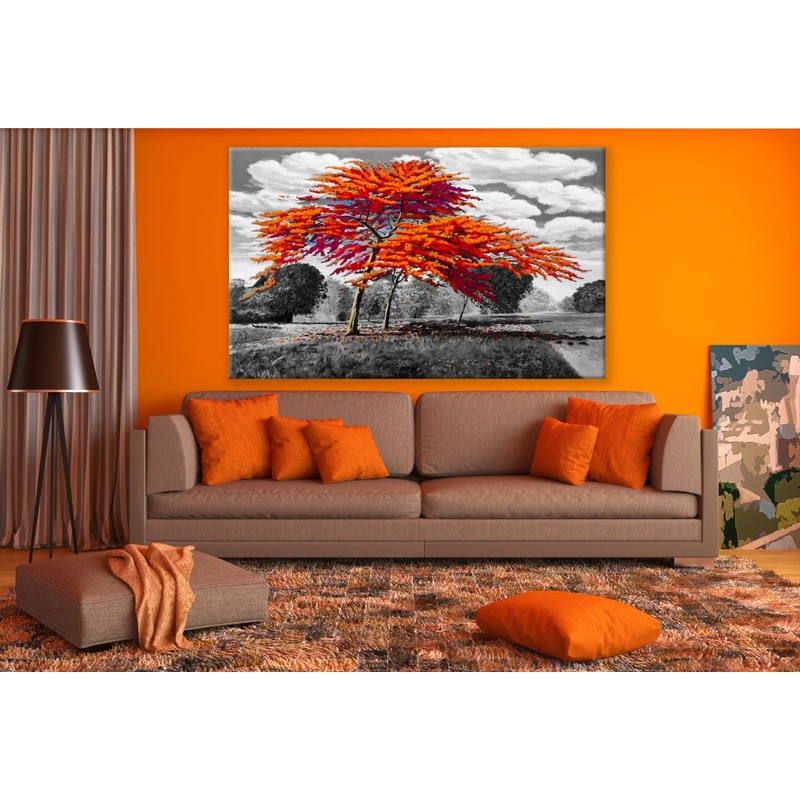 Stunning Orange Leafy Tree with B&W Background Painting Print 100% Australian Made