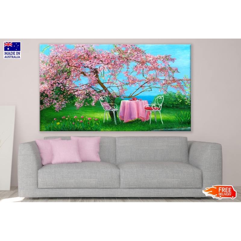 Tea Tabel And Chairs Under Cherry Blossom Tree Painting Print 100% Australian Made