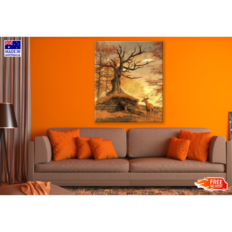 Tree & Deer in Sunset Painting Print 100% Australian Made