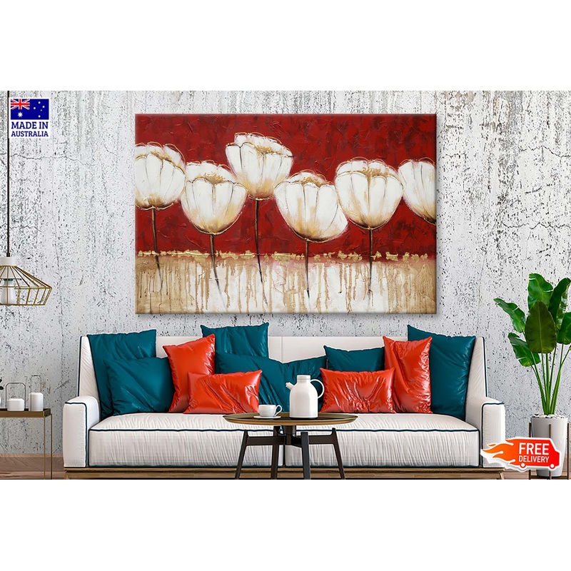 White Flowers, Red Texture Oil Paint Wall Art Limited Edition High Quality Print
