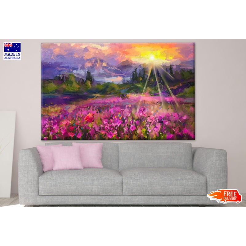 Abstract Colourful Purple Cosmos Flower Sunrise Oil Painting Print 100% Australian Made
