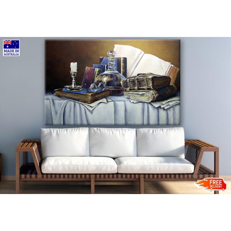 Books, Lamp & Glasses on a Table Painting Print 100% Australian Made