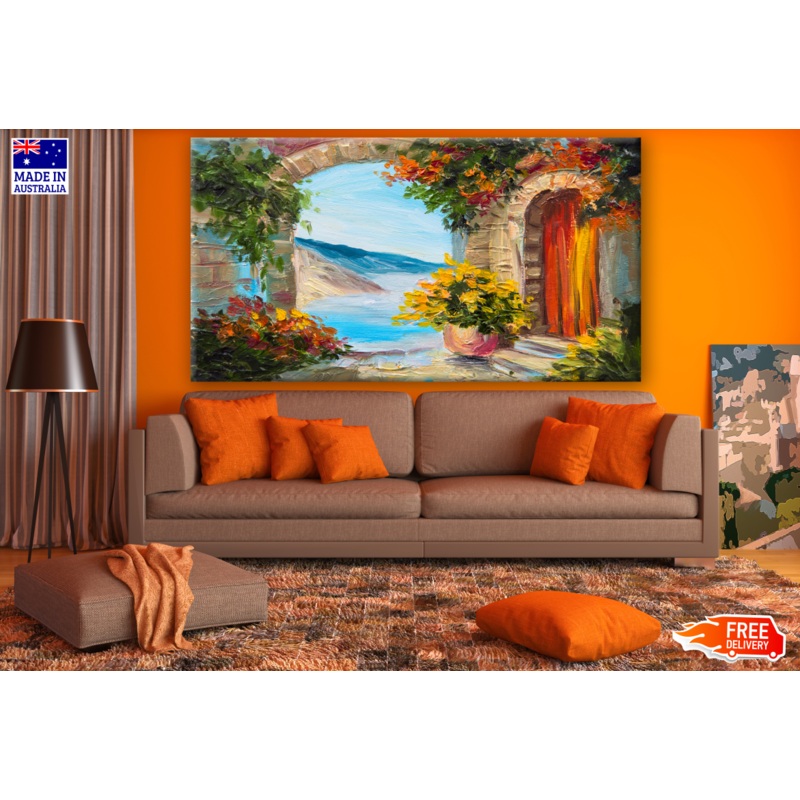 Building With Flowers Plants & Sea View Painting Print 100% Australian Made
