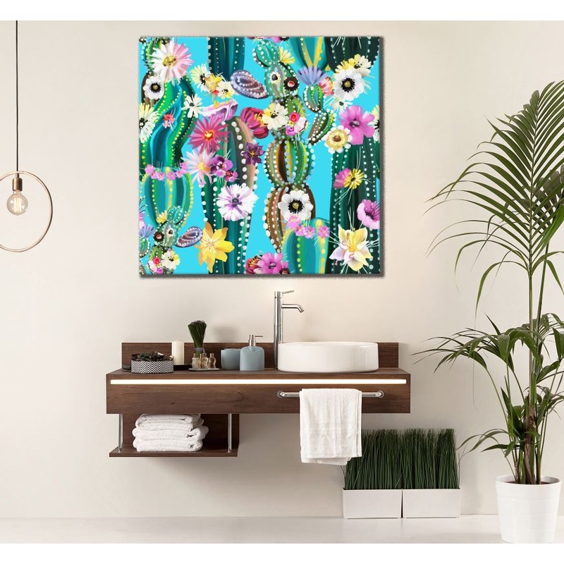 Square Canvas Colourful Cactus Plant with Flowers Art High Quality Print 100% Australian Made