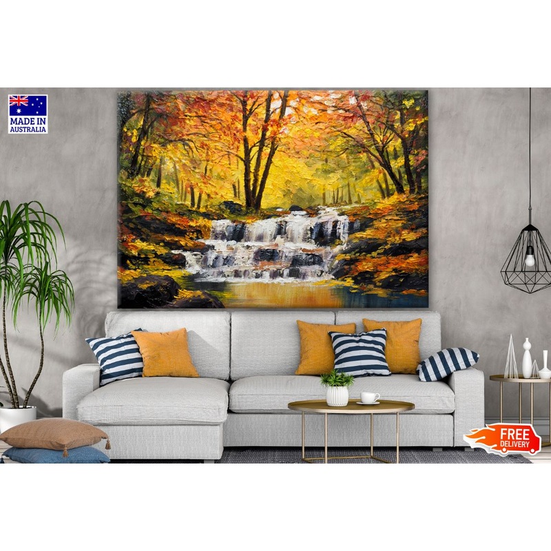 Stunning Waterfall in Autumn Forest Watercolour Painting Print 100% Australian Made