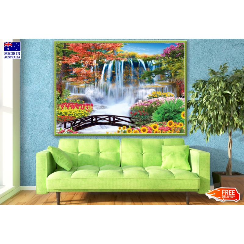 Stunning Waterfall in Colourful Forest with Wooden Bridge Painting Print 100% Australian Made