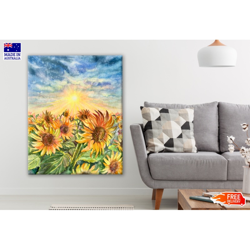Sunrise in Sunflower Field Painting Print 100% Australian Made