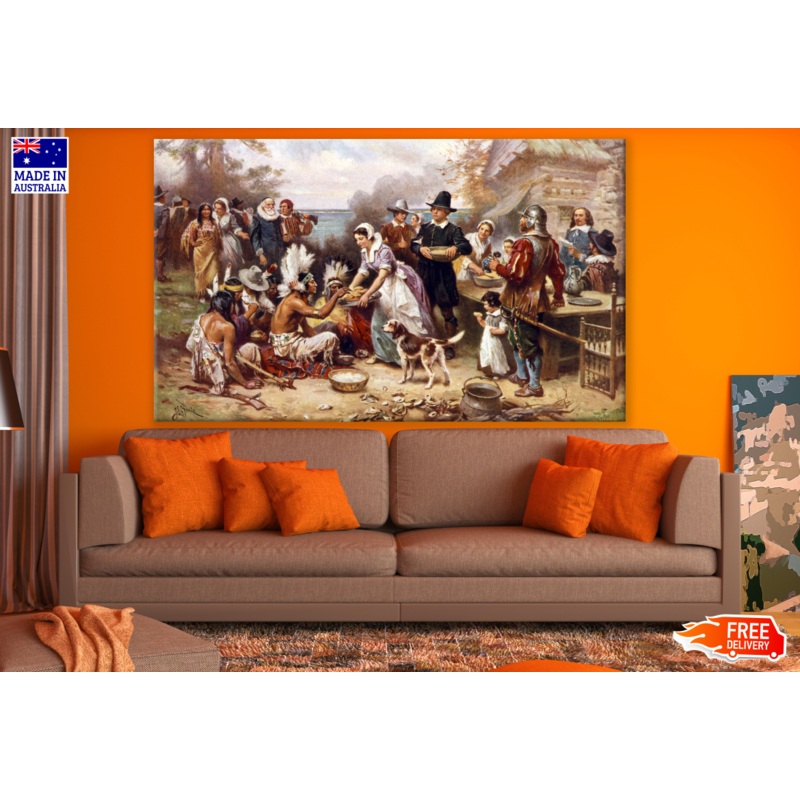 Thanksgiving Between The Pilgrims and Native Americans Painting Print 100% Australian Made
