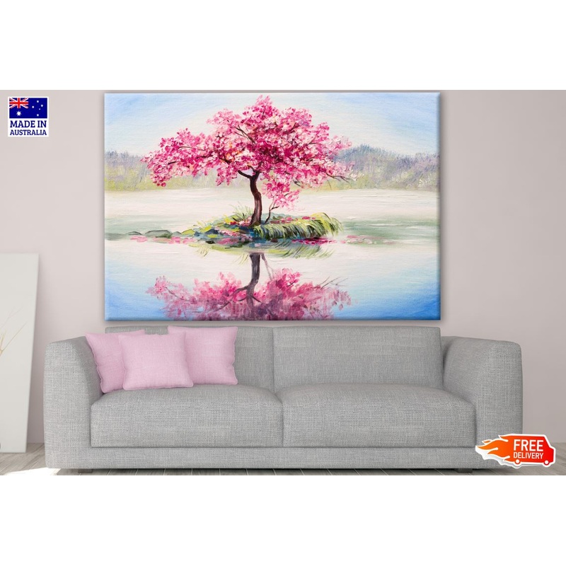 Tree in a Lake with Rose Flowers Painting Print 100% Australian Made
