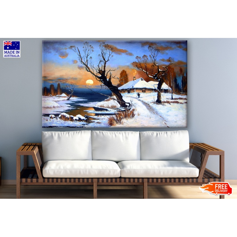 Trees & House in Snow Painting Print 100% Australian Made