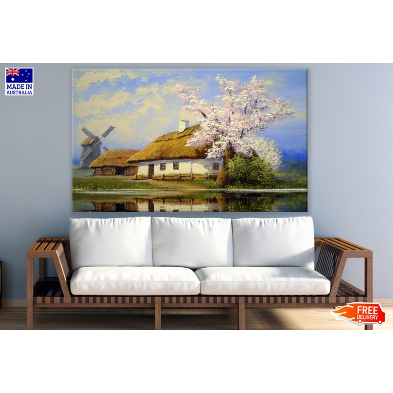 Village Houses & Windmill With Flower Trees Painting Print 100% Australian Made