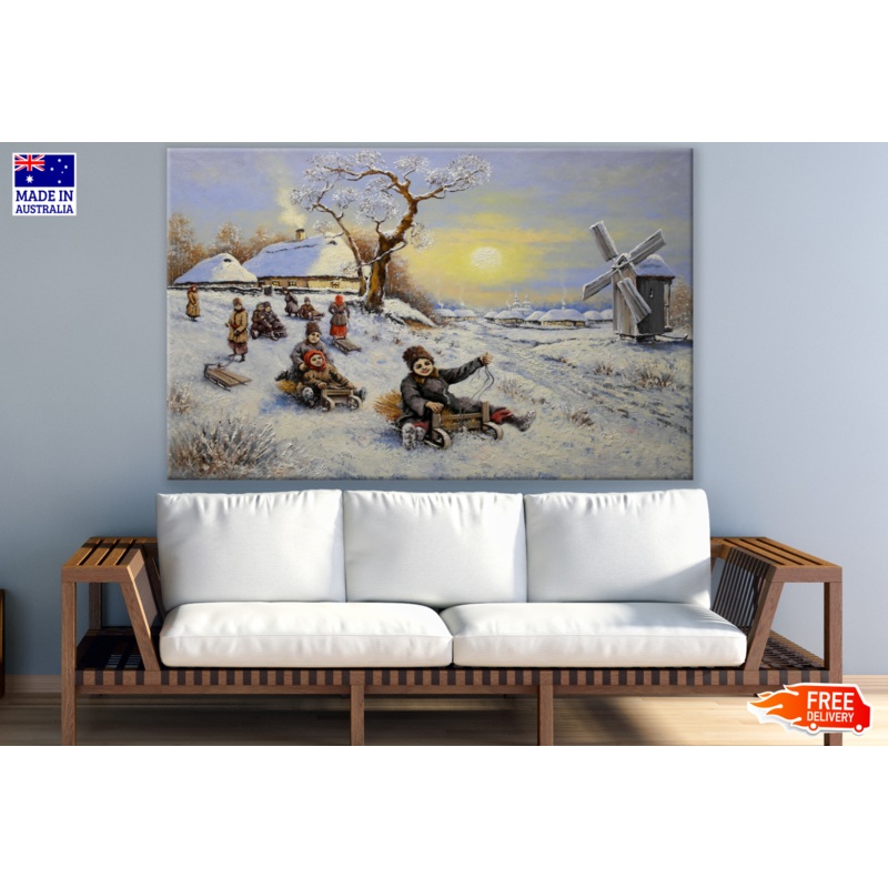 Vintage Painting of Village Houses, Wind Mill & Children Playing Print 100% Australian Made