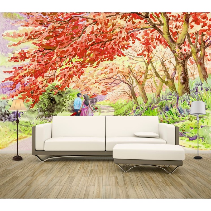 Wallpaper Murals Peel and Stick Removable Couple Walking Along a Tree Road Painting High Quality