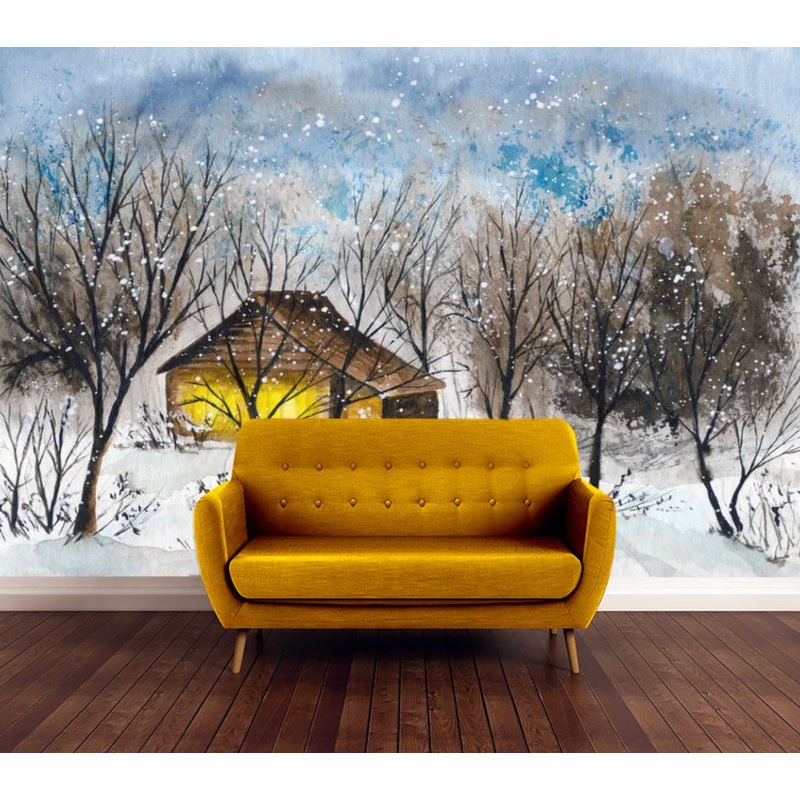 Wallpaper Murals Peel and Stick Removable House in Forest Covered with Snow Painting High Quality