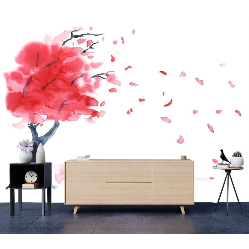 Wallpaper Murals Peel and Stick Removable Red Tree Painting High Quality