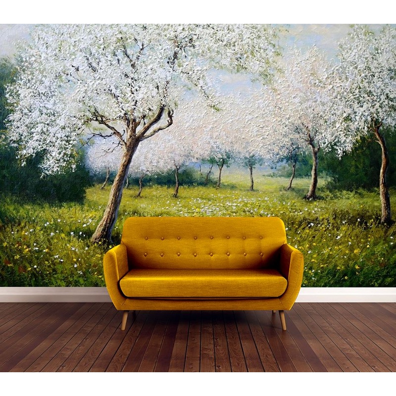 Wallpaper Murals Peel and Stick Removable Tree Park with Flowers Painting High Quality